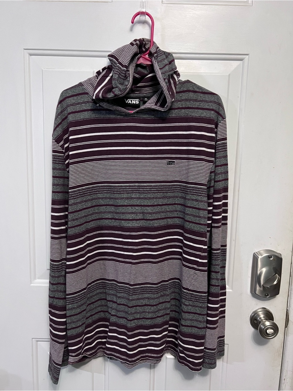 Vans XL Striped Hoodie Burgundy Gray White Cowl Neck Pullover 100% Cotton 2016